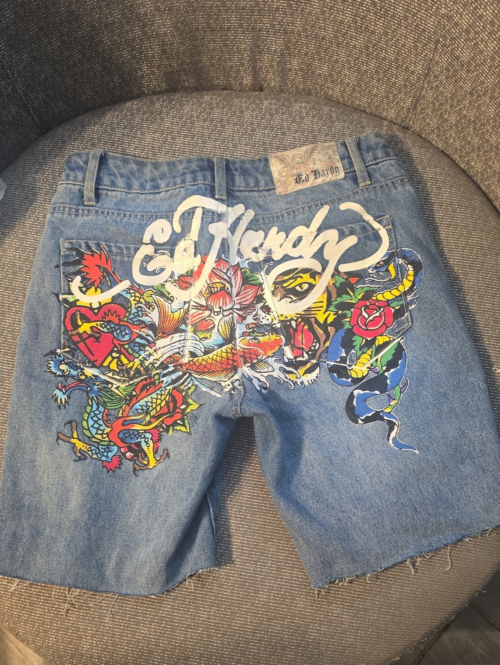 Ed Hardy Blue Denim Shorts with Multicolor Dragon & Koi Art